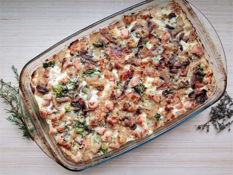 How to make homemade food when you don't have time: savory bread butter pudding on wooden table