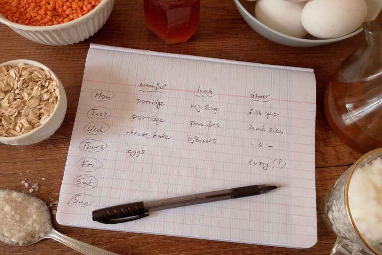 Weekly meal plan written in notebook with staples collected around