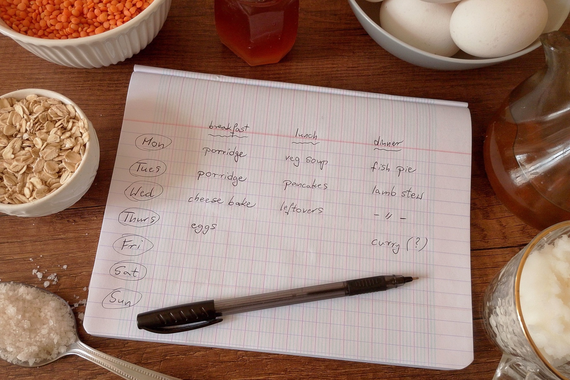 Weekly meal plan written in notebook with staples collected around