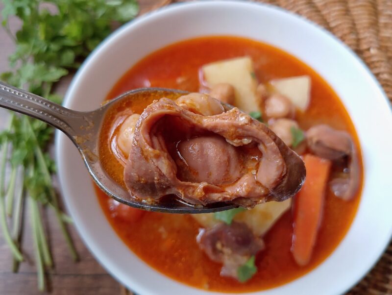 Spoon lifting some gizzard tagine from bowl