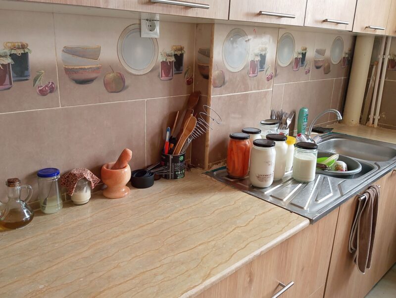 Kitchen counter with sourdough starter, mortar, jar of fermenting carrots, and several jars of milk set to clabber