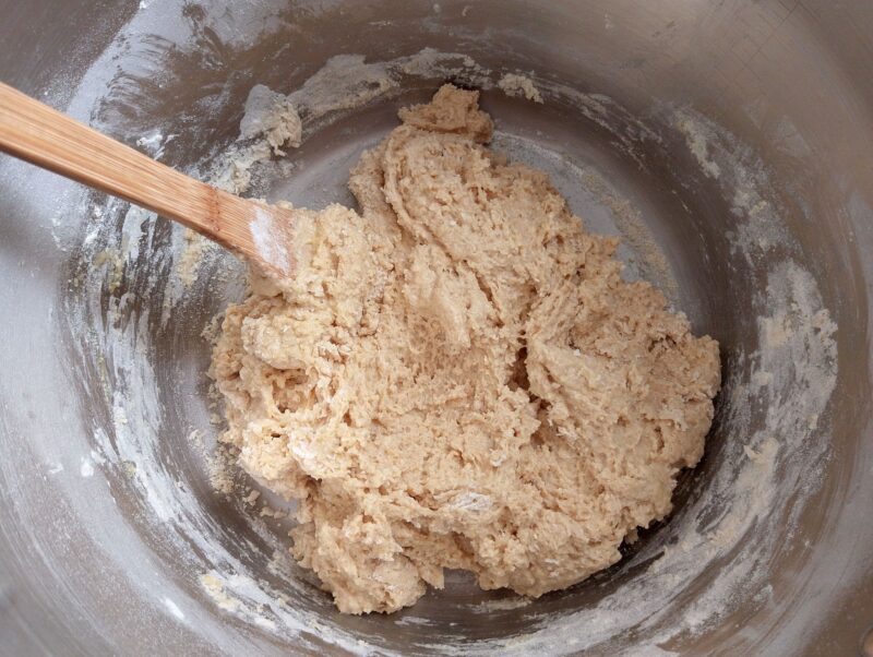 Mixing sourdough rolls ingredients into shaggy dough