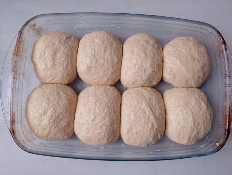 Puffy sourdough rolls in pan, ready for baking