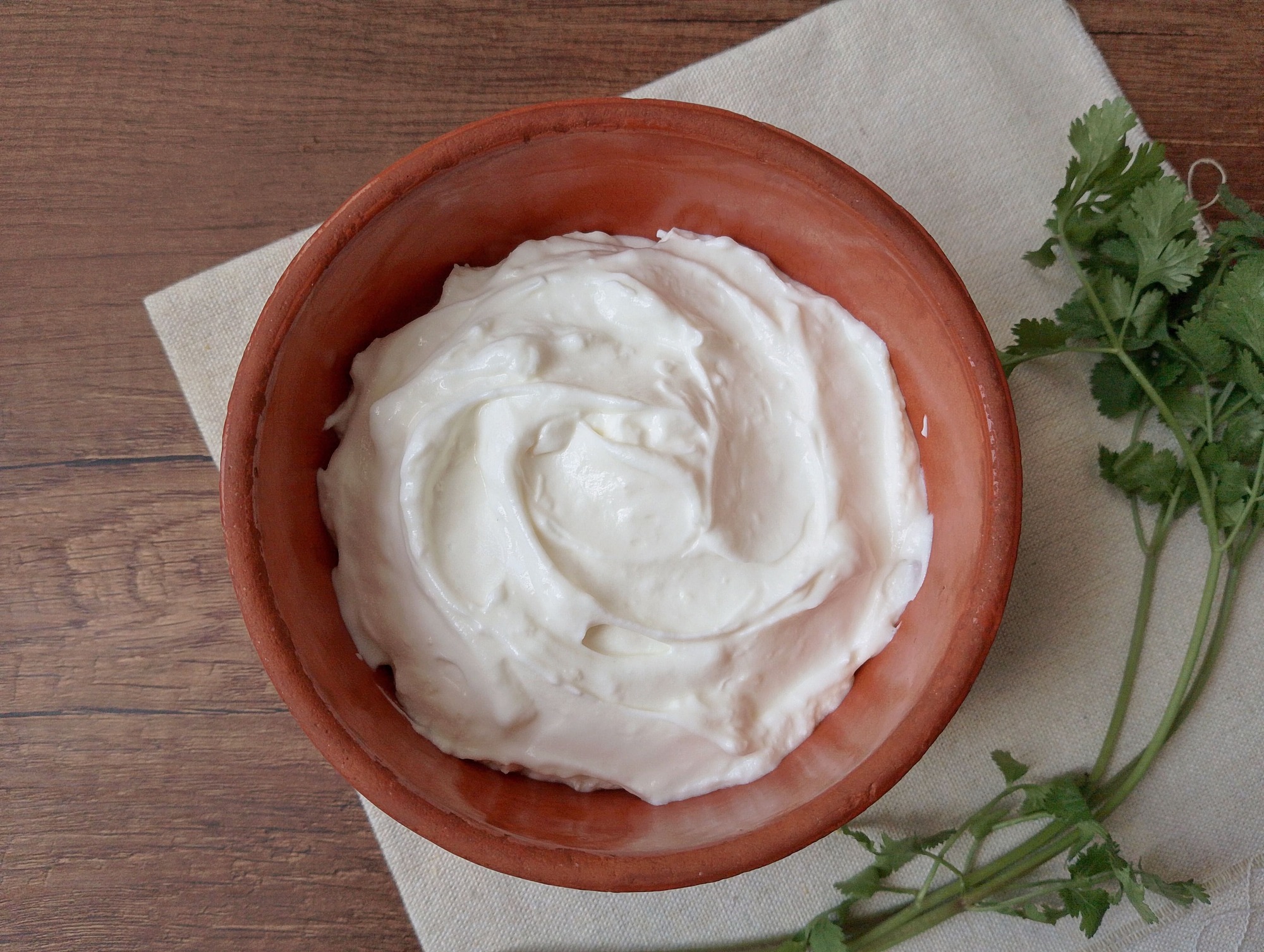 Yogurt cheese in terracotta bowl on wooden table